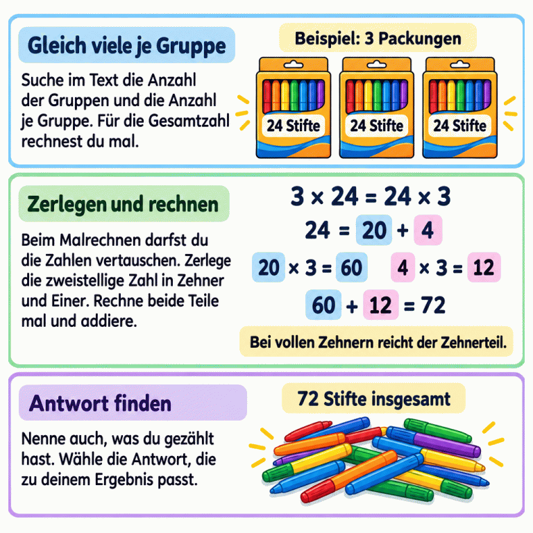 Die Karte erklärt Mal-Textaufgaben mit gleich vielen in jeder Gruppe. Im Beispiel enthalten drei Packungen je 24 Stifte. 3 mal 24 ist dasselbe wie 24 mal 3. Die Zahl 24 wird in 20 und 4 zerlegt: 20 mal 3 ergibt 60, 4 mal 3 ergibt 12. Zusammen sind das 72 Stifte. Bei vollen Zehnern reicht der Zehnerteil. Zum Schluss wird das Ergebnis mit dem gezählten Gegenstand verbunden und die passende Antwort gewählt. Gleich viele je Gruppe: Suche im Text die Anzahl der Gruppen und die Anzahl je Gruppe. Für die Gesamtzahl rechnest du mal. Zerlegen und rechnen: Beim Malrechnen darfst du die Zahlen vertauschen. Zerlege die zweistellige Zahl in Zehner und Einer. Rechne beide Teile mal und addiere. Antwort finden: Nenne auch, was du gezählt hast. Wähle die Antwort, die zu deinem Ergebnis passt. Bei vollen Zehnern reicht der Zehnerteil. Beispiel: 3 Packungen 24 Stifte 3 × 24 = 24 × 3 24 = 20 + 4 20 × 3 = 60 4 × 3 = 12 60 + 12 = 72 72 Stifte insgesamt