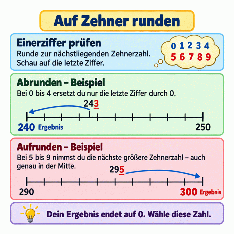 Erklärung zum Runden auf Zehner. Die letzte Ziffer entscheidet: Bei 0 bis 4 wird nur sie durch 0 ersetzt; bei 5 bis 9 wird zur nächsten größeren Zehnerzahl aufgerundet. Zwei Zahlengeraden zeigen Beispiele. 243 liegt näher an 240 als an 250 und wird auf 240 gerundet. 295 liegt genau zwischen 290 und 300 und wird auf 300 aufgerundet. Auch genau in der Mitte wird die größere Zehnerzahl gewählt. Auf Zehner runden Einerziffer prüfen: Runde zur nächstliegenden Zehnerzahl. Schau auf die letzte Ziffer. Abrunden – Beispiel: Bei 0 bis 4 ersetzt du nur die letzte Ziffer durch 0. Aufrunden – Beispiel: Bei 5 bis 9 nimmst du die nächste größere Zehnerzahl – auch genau in der Mitte. Dein Ergebnis endet auf 0. Wähle diese Zahl. 240 243 250 290 295 300 Ergebnis 0 1 2 3 4 5 6 7 8 9