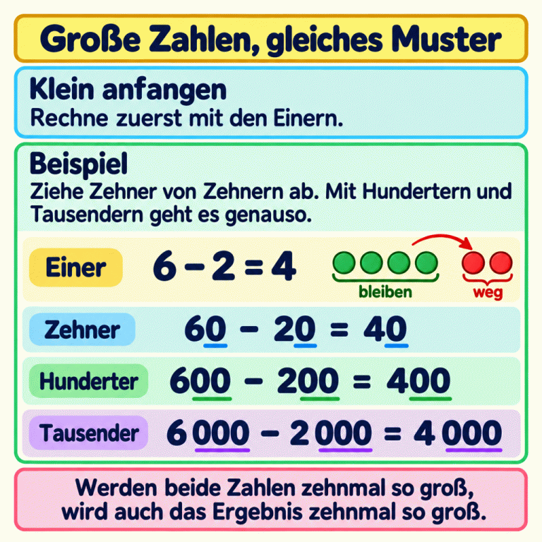 Eine Lernkarte zeigt, wie eine kleine Subtraktion auf größere Einheiten übertragen wird. Im Beispiel werden von sechs Einermarken zwei weggenommen; vier bleiben. Die vier Zeilen lauten: Einer: 6 − 2 = 4. Zehner: 60 − 20 = 40. Hunderter: 600 − 200 = 400. Tausender: 6 000 − 2 000 = 4 000. Werden beide Ausgangszahlen zehnmal so groß, wird auch das Ergebnis zehnmal so groß. Große Zahlen, gleiches Muster Klein anfangen: Rechne zuerst mit den Einern. Beispiel: Ziehe Zehner von Zehnern ab. Mit Hundertern und Tausendern geht es genauso. Werden beide Zahlen zehnmal so groß, wird auch das Ergebnis zehnmal so groß. Einer 6 − 2 = 4 bleiben weg Zehner 60 − 20 = 40 Hunderter 600 − 200 = 400 Tausender 6 000 − 2 000 = 4 000