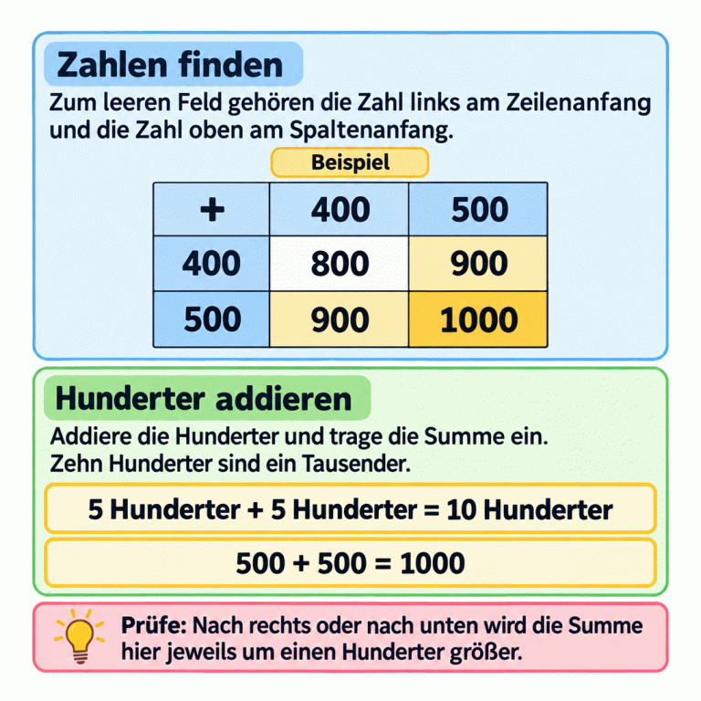 Ein Tabellenbeispiel zeigt oben und links jeweils 400 und 500. Zeile 500 und Spalte 500 treffen sich im Ergebnisfeld 1000. Darunter wird erklärt: Fünf Hunderter plus fünf Hunderter sind zehn Hunderter. Deshalb ergibt 500 plus 500 die Summe 1000. Bei benachbarten Feldern nach rechts oder nach unten wird die Summe jeweils um einen Hunderter größer. Zahlen finden: Zum leeren Feld gehören die Zahl links am Zeilenanfang und die Zahl oben am Spaltenanfang. Hunderter addieren: Addiere die Hunderter und trage die Summe ein. Zehn Hunderter sind ein Tausender. Prüfe: Nach rechts oder nach unten wird die Summe hier jeweils um einen Hunderter größer. Beispiel + 400 500 800 900 1000 5 Hunderter + 5 Hunderter = 10 Hunderter 500 + 500 = 1000