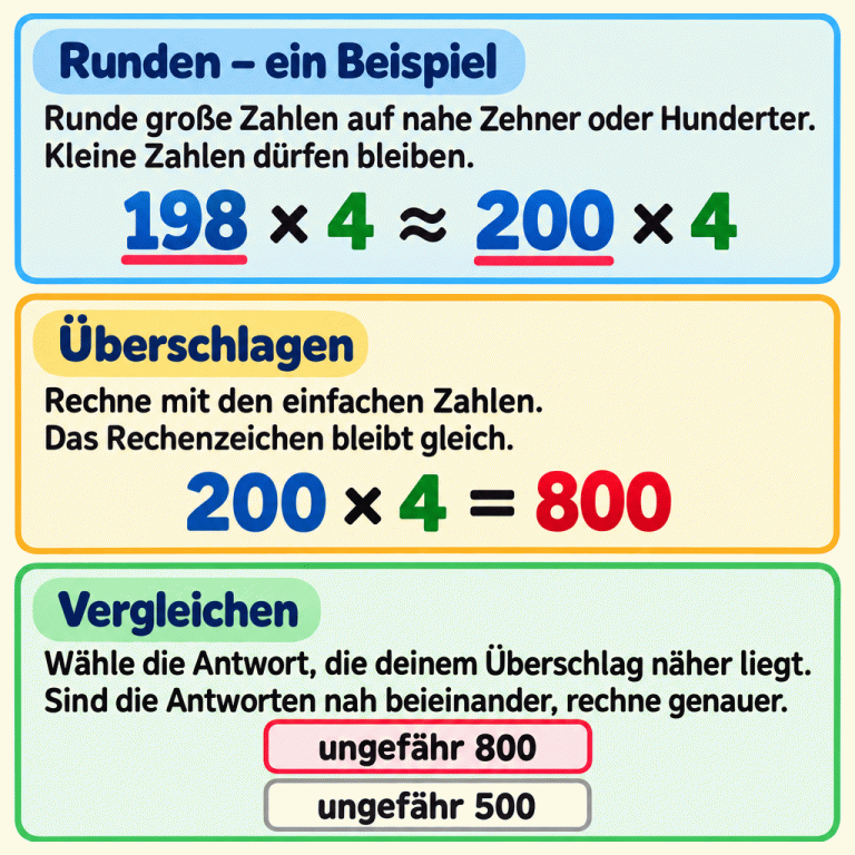 Ein Beispiel zum Überschlagen in drei Abschnitten: 198 mal 4 wird durch 200 mal 4 angenähert. Der Faktor 4 und das Malzeichen bleiben gleich. 200 mal 4 ergibt 800. Von den Beispielantworten ungefähr 800 und ungefähr 500 liegt ungefähr 800 näher. Die Texte erklären das Runden, Überschlagen und Vergleichen. Bei nah beieinanderliegenden Antworten soll genauer gerechnet werden. Runden – ein Beispiel: Runde große Zahlen auf nahe Zehner oder Hunderter. Kleine Zahlen dürfen bleiben. Überschlagen: Rechne mit den einfachen Zahlen. Das Rechenzeichen bleibt gleich. Vergleichen: Wähle die Antwort, die deinem Überschlag näher liegt. Sind die Antworten nah beieinander, rechne genauer. 198 × 4 ≈ 200 × 4 200 × 4 = 800 ungefähr 800 ungefähr 500