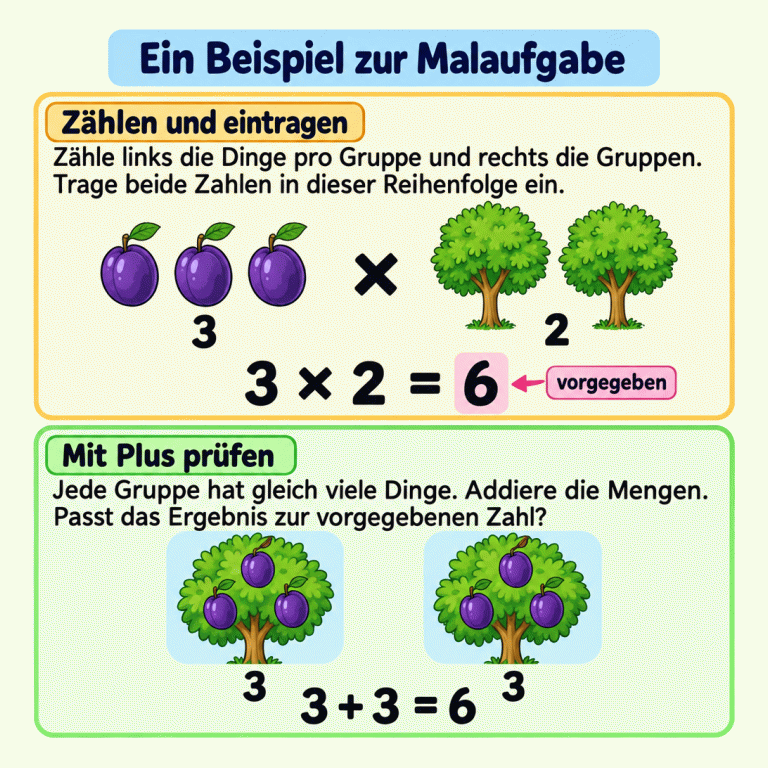 Ein gekennzeichnetes Lehrbeispiel zeigt oben drei Pflaumen als Menge pro Baum und zwei Bäume als Gruppenanzahl. Dazu steht 3 × 2 = 6; das Ergebnis ist als vorgegeben markiert. Unten tragen zwei Bäume jeweils drei Pflaumen. Die Addition 3 + 3 = 6 zeigt dieselbe Gesamtmenge. Ein Beispiel zur Malaufgabe Zählen und eintragen: Zähle links die Dinge pro Gruppe und rechts die Gruppen. Trage beide Zahlen in dieser Reihenfolge ein. Mit Plus prüfen: Jede Gruppe hat gleich viele Dinge. Addiere die Mengen. Passt das Ergebnis zur vorgegebenen Zahl? 3 2 6 × = + vorgegeben 3 3