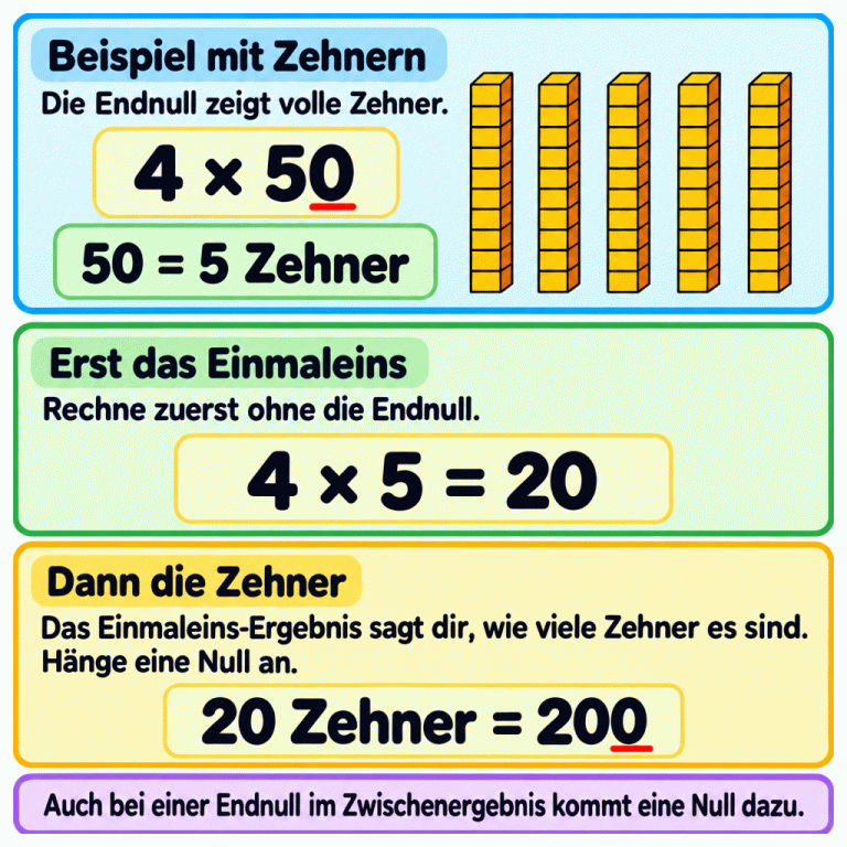 Ein Lernbeispiel zeigt 4 × 50. Fünf Zehnerstreifen mit jeweils zehn Einerabschnitten verdeutlichen: 50 sind 5 Zehner. Zuerst wird ohne die Endnull gerechnet: 4 × 5 = 20. Diese 20 sind Zehner, also 200. An das Zwischenprodukt wird eine weitere Null angehängt, obwohl es bereits auf Null endet. Beispiel mit Zehnern: Die Endnull zeigt volle Zehner. Erst das Einmaleins: Rechne zuerst ohne die Endnull. Dann die Zehner: Das Einmaleins-Ergebnis sagt dir, wie viele Zehner es sind. Hänge eine Null an. Auch bei einer Endnull im Zwischenergebnis kommt eine Null dazu. 4 × 50 50 = 5 Zehner 4 × 5 = 20 20 Zehner = 200