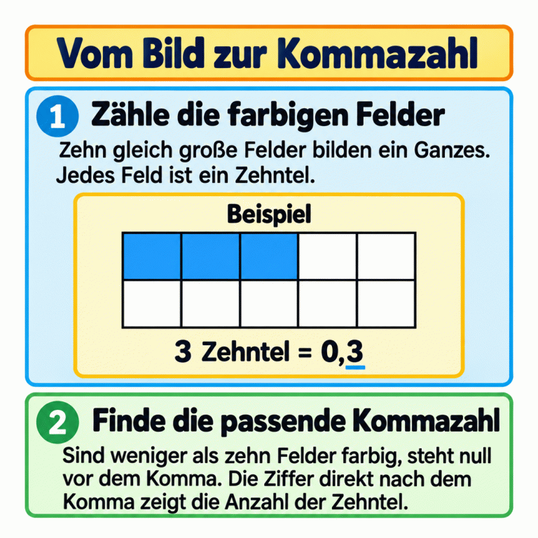 Ein als Beispiel gekennzeichnetes Raster besteht aus zehn gleich großen Feldern. Drei Felder sind farbig, sieben ungefärbt. Darunter steht „3 Zehntel = 0,3“. Jedes Feld ist ein Zehntel. Die Erklärung fordert zum Zählen der farbigen Felder auf: Sind weniger als zehn Felder farbig, steht null vor dem Komma. Die Ziffer direkt nach dem Komma zeigt die Anzahl der Zehntel. So findest du die passende Kommazahl zu deinem Bild. Vom Bild zur Kommazahl Zähle die farbigen Felder: Zehn gleich große Felder bilden ein Ganzes. Jedes Feld ist ein Zehntel. Finde die passende Kommazahl: Sind weniger als zehn Felder farbig, steht null vor dem Komma. Die Ziffer direkt nach dem Komma zeigt die Anzahl der Zehntel. Beispiel 3 Zehntel = 0,3 1 2
