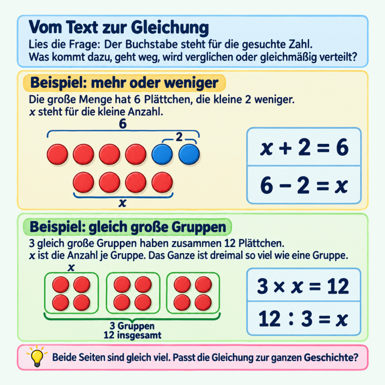Ein Buchstabe steht für die gesuchte Zahl. Im Vergleichsbeispiel enthält die größere Menge sechs Plättchen; die kleinere, mit x bezeichnete Menge hat zwei weniger. Dazu passen x plus zwei gleich sechs und sechs minus zwei gleich x. Im Gruppenbeispiel bilden drei gleich große Gruppen insgesamt zwölf Plättchen. x bezeichnet die Anzahl je Gruppe. Dazu passen drei mal x gleich zwölf und zwölf geteilt durch drei gleich x. Die Gesamtmenge ist dreimal so groß wie eine Gruppe. Beide Seiten der Gleichung müssen gleich viel sein und zur ganzen Geschichte passen. Vom Text zur Gleichung: Lies die Frage: Der Buchstabe steht für die gesuchte Zahl. Was kommt dazu, geht weg, wird verglichen oder gleichmäßig verteilt? Beispiel: mehr oder weniger: Die große Menge hat 6 Plättchen, die kleine 2 weniger. x steht für die kleine Anzahl. Beispiel: gleich große Gruppen: 3 gleich große Gruppen haben zusammen 12 Plättchen. x ist die Anzahl je Gruppe. Das Ganze ist dreimal so viel wie eine Gruppe. Beide Seiten sind gleich viel. Passt die Gleichung zur ganzen Geschichte? 6 2 x x + 2 = 6 6 − 2 = x 3 Gruppen 12 insgesamt 3 × x = 12 12 ∶ 3 = x