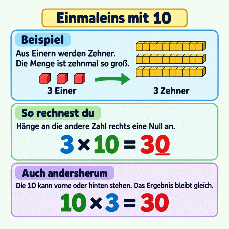 Drei einzelne Einerplättchen und drei Zehnerstäbe mit je zehn Einheiten zeigen die Verzehnfachung. Beim Einmaleins mit 10 hängst du an die andere Zahl rechts eine Null an. Das Beispiel lautet 3 × 10 = 30. Andersherum gilt 10 × 3 = 30: Das Ergebnis bleibt gleich. Einmaleins mit 10 Beispiel: Aus Einern werden Zehner. Die Menge ist zehnmal so groß. So rechnest du: Hänge an die andere Zahl rechts eine Null an. Auch andersherum: Die 10 kann vorne oder hinten stehen. Das Ergebnis bleibt gleich. 3 Einer 3 Zehner 3 × 10 = 30 10 × 3 = 30
