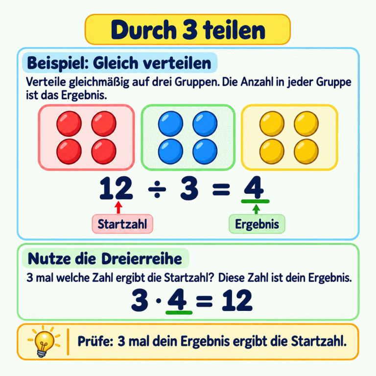 Erklärkarte zum Teilen durch 3. Im gekennzeichneten Beispiel sind zwölf Plättchen auf drei Gruppen mit je vier Plättchen verteilt. Die Gleichungen 12 ÷ 3 = 4 und 3 · 4 = 12 zeigen den Zusammenhang zwischen Teilen und Malnehmen. Zur Probe wird das Ergebnis mit 3 multipliziert. Durch 3 teilen Beispiel: Gleich verteilen: Verteile gleichmäßig auf drei Gruppen. Die Anzahl in jeder Gruppe ist das Ergebnis. Nutze die Dreierreihe: 3 mal welche Zahl ergibt die Startzahl? Diese Zahl ist dein Ergebnis. Prüfe: 3 mal dein Ergebnis ergibt die Startzahl. 12 ÷ 3 = 4 Startzahl Ergebnis 3 · 4 = 12