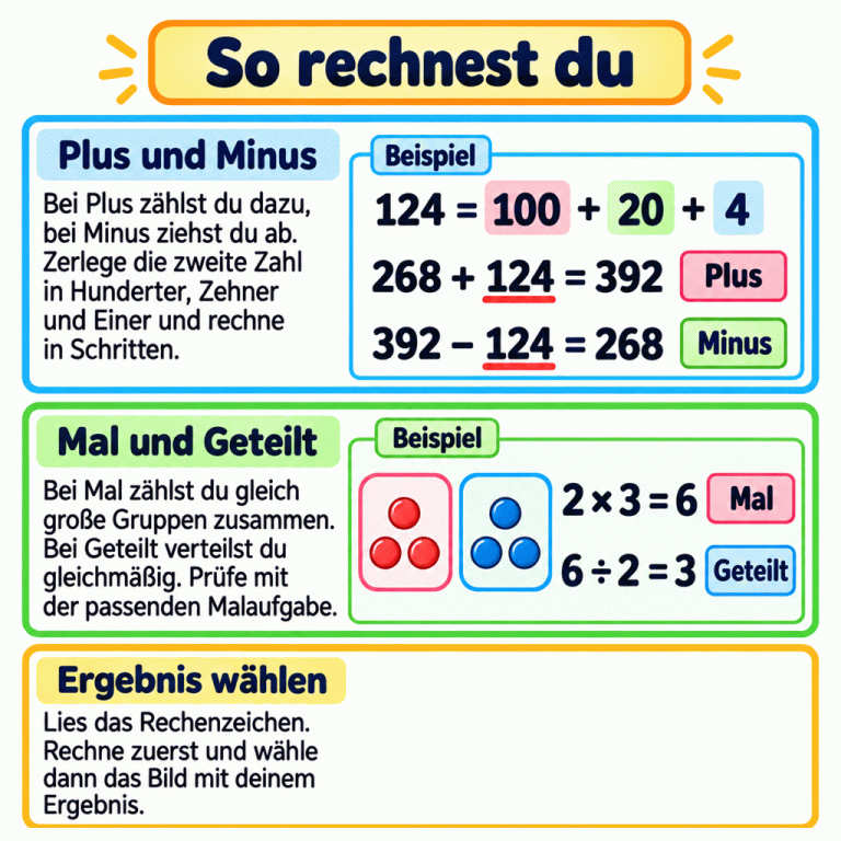 Lernkarte zu den vier Rechenarten. Bei Plus wird dazugezählt, bei Minus abgezogen. Im Beispiel wird 124 in 100, 20 und 4 zerlegt: 268 plus 124 ergibt 392, und 392 minus 124 ergibt 268. Zwei Gruppen mit je drei Punkten zeigen: 2 mal 3 ergibt 6; 6 gleichmäßig auf zwei Gruppen verteilt ergibt 3 je Gruppe. Die Malaufgabe hilft beim Prüfen der Division. Lies das Rechenzeichen, rechne und wähle das Bild mit deiner Ergebniszahl. So rechnest du Plus und Minus: Bei Plus zählst du dazu, bei Minus ziehst du ab. Zerlege die zweite Zahl in Hunderter, Zehner und Einer und rechne in Schritten. Mal und Geteilt: Bei Mal zählst du gleich große Gruppen zusammen. Bei Geteilt verteilst du gleichmäßig. Prüfe mit der passenden Malaufgabe. Ergebnis wählen: Lies das Rechenzeichen. Rechne zuerst und wähle dann das Bild mit deinem Ergebnis. Beispiel 124 = 100 + 20 + 4 Plus 268 + 124 = 392 Minus 392 − 124 = 268 Mal 2 × 3 = 6 Geteilt 6 ÷ 2 = 3