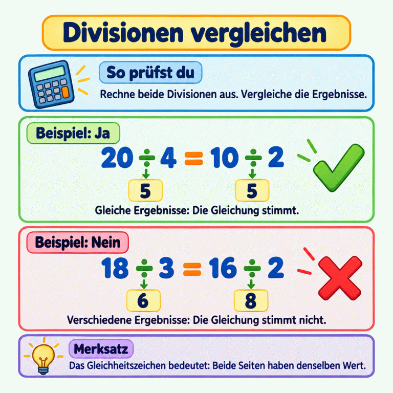 Lernkarte zum Prüfen von Divisionsgleichungen: Rechne beide Divisionen aus und vergleiche ihre Ergebnisse. Im Ja-Beispiel ergeben 20 geteilt durch 4 und 10 geteilt durch 2 jeweils 5. Die Gleichung stimmt. Im Nein-Beispiel ergibt 18 geteilt durch 3 den Wert 6 und 16 geteilt durch 2 den Wert 8. Die Gleichung stimmt nicht. Das Gleichheitszeichen bedeutet, dass beide Seiten denselben Wert haben. Divisionen vergleichen So prüfst du: Rechne beide Divisionen aus. Vergleiche die Ergebnisse. Beispiel: Ja: Gleiche Ergebnisse: Die Gleichung stimmt. Beispiel: Nein: Verschiedene Ergebnisse: Die Gleichung stimmt nicht. Das Gleichheitszeichen bedeutet: Beide Seiten haben denselben Wert. 20 ÷ 4 = 10 ÷ 2 5 18 ÷ 3 = 16 ÷ 2 6 8 ✓ ✕ Merksatz