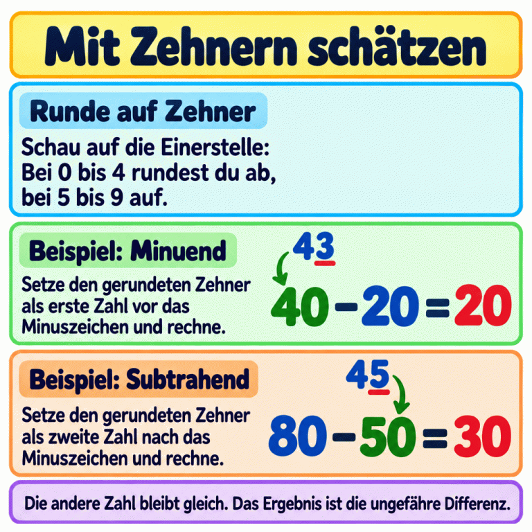 Die Einerstelle entscheidet über das Runden auf Zehner: 0 bis 4 abrunden, 5 bis 9 aufrunden. Beispiel Minuend: 43 wird zu 40; 40 minus 20 ist 20. Beispiel Subtrahend: 45 wird zu 50; 80 minus 50 ist 30. Die jeweils andere Zahl bleibt gleich. Die Ergebnisse schätzen die ursprünglichen Differenzen. Mit Zehnern schätzen Runde auf Zehner: Schau auf die Einerstelle: Bei 0 bis 4 rundest du ab, bei 5 bis 9 auf. Beispiel: Minuend: Setze den gerundeten Zehner als erste Zahl vor das Minuszeichen und rechne. Beispiel: Subtrahend: Setze den gerundeten Zehner als zweite Zahl nach das Minuszeichen und rechne. Die andere Zahl bleibt gleich. Das Ergebnis ist die ungefähre Differenz. 43 40 20 45 80 50 30 − =