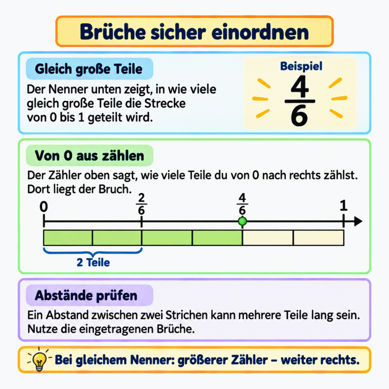 Eine Erklärungskarte zeigt das Beispiel 4/6. Der Nenner 6 teilt die Strecke von 0 bis 1 in sechs gleich lange Teile. Vier Teile ab 0 sind hervorgehoben und enden bei 4/6. Die Hauptstriche stehen bei 0, 2/6, 4/6 und 1. Der Abstand von 0 bis 2/6 umfasst zwei einzelne Teile. 4/6 liegt weiter rechts als 2/6, weil bei gleichem Nenner der größere Zähler weiter rechts liegt. Brüche sicher einordnen Gleich große Teile: Der Nenner unten zeigt, in wie viele gleich große Teile die Strecke von 0 bis 1 geteilt wird. Von 0 aus zählen: Der Zähler oben sagt, wie viele Teile du von 0 nach rechts zählst. Dort liegt der Bruch. Abstände prüfen: Ein Abstand zwischen zwei Strichen kann mehrere Teile lang sein. Nutze die eingetragenen Brüche. Bei gleichem Nenner: größerer Zähler – weiter rechts. Beispiel 4/6 1 2/6 2 Teile