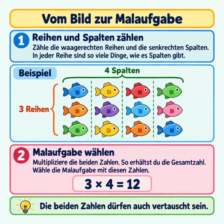 Ein Beispiel zeigt zwölf Fische in drei Reihen und vier Spalten. In jeder Reihe sind vier Fische. Drei mal vier ergibt zwölf. Die Anleitung erklärt: Reihen und Spalten zählen, beide Zahlen multiplizieren und die passende Malaufgabe wählen. Die beiden Zahlen dürfen auch vertauscht sein. Vom Bild zur Malaufgabe Reihen und Spalten zählen: Zähle die waagerechten Reihen und die senkrechten Spalten. In jeder Reihe sind so viele Dinge, wie es Spalten gibt. Malaufgabe wählen: Multipliziere die beiden Zahlen. So erhältst du die Gesamtzahl. Wähle die Malaufgabe mit diesen Zahlen. Die beiden Zahlen dürfen auch vertauscht sein. Beispiel 3 Reihen 4 Spalten 3 × 4 = 12 1 2