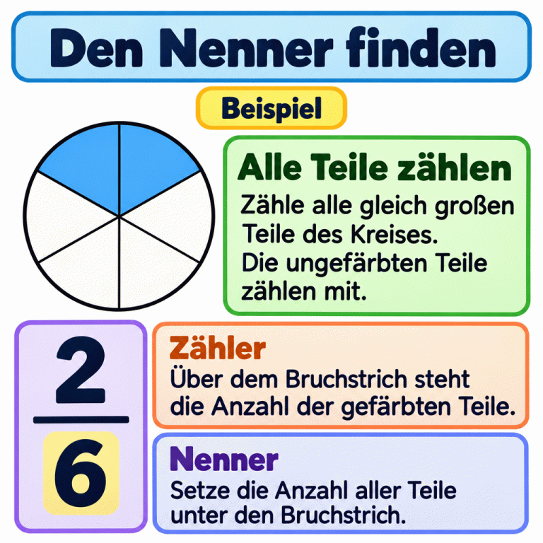 Erklärung zum Nenner mit einem Beispiel: Ein Kreis ist in sechs gleich große Teile geteilt, zwei davon sind gefärbt. Im Bruch steht die 2 als Zähler über dem Bruchstrich und die 6 als Nenner darunter. Für den Nenner werden alle Teile gezählt, auch die ungefärbten. Den Nenner finden Alle Teile zählen: Zähle alle gleich großen Teile des Kreises. Die ungefärbten Teile zählen mit. Zähler: Über dem Bruchstrich steht die Anzahl der gefärbten Teile. Nenner: Setze die Anzahl aller Teile unter den Bruchstrich. Beispiel 2 6