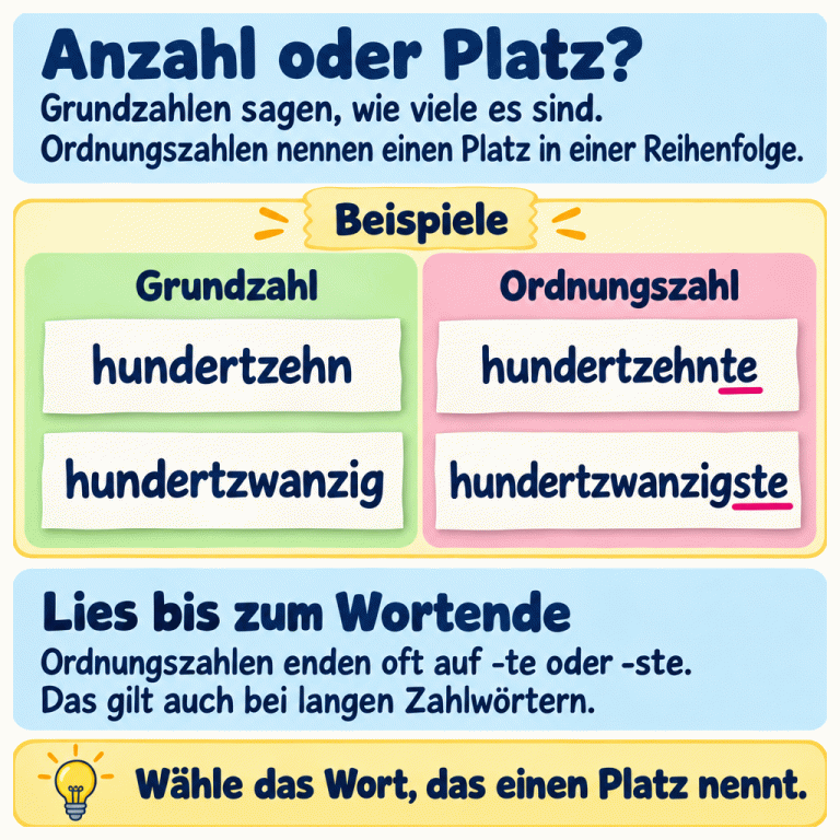 Die Lernkarte erklärt: Grundzahlen nennen eine Anzahl, Ordnungszahlen einen Platz in einer Reihenfolge. Als Beispiele werden hundertzehn und hundertzehnte sowie hundertzwanzig und hundertzwanzigste verglichen. Die Endungen te und ste der Ordnungszahlen sind unterstrichen. Lies bis zum Wortende und wähle das Wort, das einen Platz nennt. Anzahl oder Platz?: Grundzahlen sagen, wie viele es sind. Ordnungszahlen nennen einen Platz in einer Reihenfolge. Lies bis zum Wortende: Ordnungszahlen enden oft auf -te oder -ste. Das gilt auch bei langen Zahlwörtern. Wähle das Wort, das einen Platz nennt. Beispiele Grundzahl Ordnungszahl hundertzehn hundertzehnte hundertzwanzig hundertzwanzigste