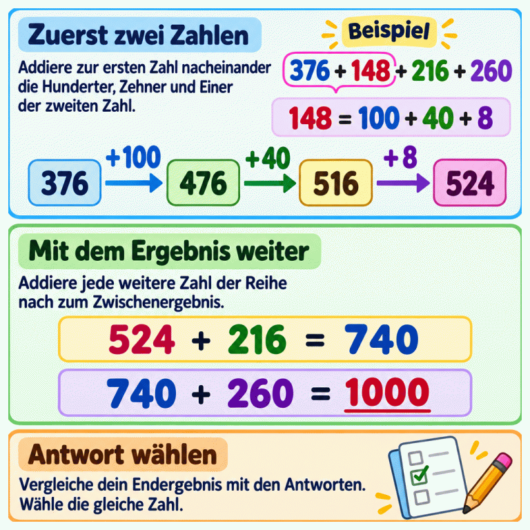 Ein Beispiel zeigt die Addition 376 + 148 + 216 + 260. Die zweite Zahl 148 wird in 100, 40 und 8 zerlegt. Von 376 aus führen diese Additionsschritte über 476 und 516 zu 524. Danach folgen 524 + 216 = 740 und 740 + 260 = 1000. Bei jeder Aufgabe wird das eigene Endergebnis mit den Antwortmöglichkeiten verglichen. Zuerst zwei Zahlen: Addiere zur ersten Zahl nacheinander die Hunderter, Zehner und Einer der zweiten Zahl. Mit dem Ergebnis weiter: Addiere jede weitere Zahl der Reihe nach zum Zwischenergebnis. Antwort wählen: Vergleiche dein Endergebnis mit den Antworten. Wähle die gleiche Zahl. Beispiel 376 + 148 + 216 + 260 148 = 100 + 40 + 8 376 +100 476 +40 516 +8 524 524 + 216 = 740 740 + 260 = 1000 ✓