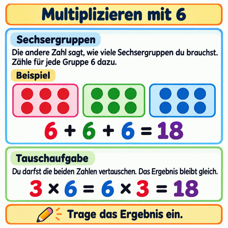 Ein Beispiel zeigt drei Gruppen mit jeweils sechs Punkten. Sechs plus sechs plus sechs ergibt achtzehn. Drei mal sechs und sechs mal drei ergeben ebenfalls achtzehn. Die Anleitung erklärt das Addieren in Sechserschritten, das Vertauschen der Zahlen und das Eintragen des Ergebnisses. Multiplizieren mit 6 Sechsergruppen: Die andere Zahl sagt, wie viele Sechsergruppen du brauchst. Zähle für jede Gruppe 6 dazu. Tauschaufgabe: Du darfst die beiden Zahlen vertauschen. Das Ergebnis bleibt gleich. Trage das Ergebnis ein. Beispiel 6 + 6 + 6 = 18 3 × 6 = 6 × 3 = 18