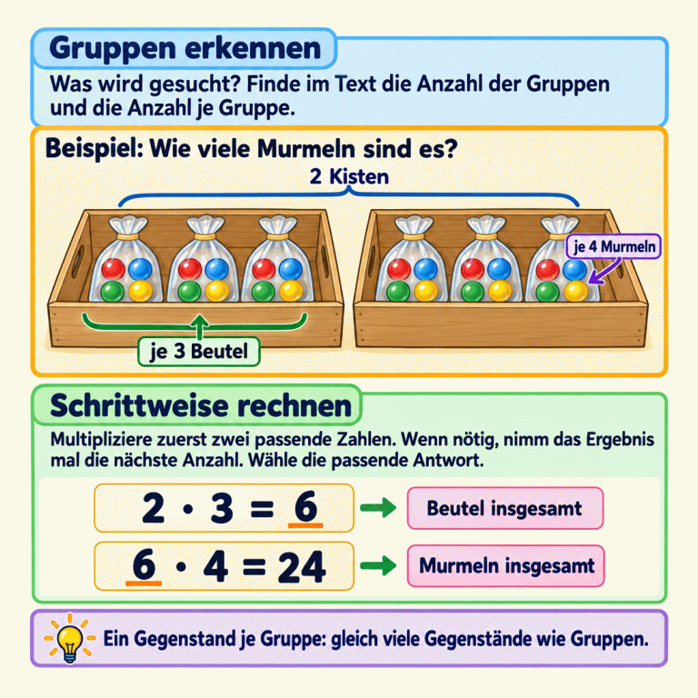 Die Karte erklärt das Rechnen mit gleich großen Gruppen. Im Lehrbeispiel gibt es zwei Kisten mit je drei Beuteln. Jeder Beutel enthält vier Murmeln. Zwei mal drei ergibt sechs Beutel; sechs mal vier ergibt vierundzwanzig Murmeln. Die benötigten Anzahlen werden im Text gesucht und schrittweise multipliziert. Ein Gegenstand je Gruppe bedeutet gleich viele Gegenstände wie Gruppen. Gruppen erkennen: Was wird gesucht? Finde im Text die Anzahl der Gruppen und die Anzahl je Gruppe. Schrittweise rechnen: Multipliziere zuerst zwei passende Zahlen. Wenn nötig, nimm das Ergebnis mal die nächste Anzahl. Wähle die passende Antwort. Ein Gegenstand je Gruppe: gleich viele Gegenstände wie Gruppen. Beispiel: Wie viele Murmeln sind es? 2 Kisten je 3 Beutel je 4 Murmeln 2 · 3 = 6 Beutel insgesamt 6 · 4 = 24 Murmeln insgesamt