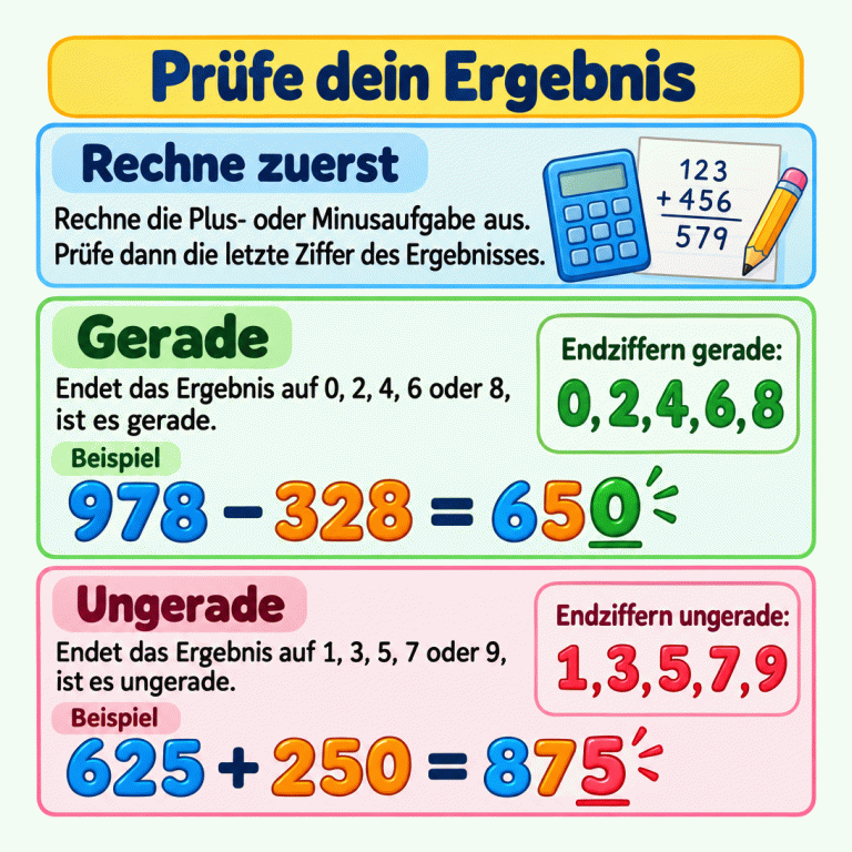 Die Karte erklärt: Zuerst die Plus- oder Minusaufgabe ausrechnen, dann die letzte Ziffer des Ergebnisses prüfen. Ergebnisse mit 0, 2, 4, 6 oder 8 am Ende sind gerade. Ergebnisse mit 1, 3, 5, 7 oder 9 am Ende sind ungerade. Das Minusbeispiel 978 minus 328 ergibt 650 und ist gerade. Das Plusbeispiel 625 plus 250 ergibt 875 und ist ungerade. Die Endziffern 0 und 5 sind unterstrichen. Prüfe dein Ergebnis Rechne zuerst: Rechne die Plus- oder Minusaufgabe aus. Prüfe dann die letzte Ziffer des Ergebnisses. Gerade: Endet das Ergebnis auf 0, 2, 4, 6 oder 8, ist es gerade. Ungerade: Endet das Ergebnis auf 1, 3, 5, 7 oder 9, ist es ungerade. Beispiel 978 − 328 = 650 625 + 250 = 875 123 + 456 579 Endziffern gerade: 0,2,4,6,8 Endziffern ungerade: 1,3,5,7,9