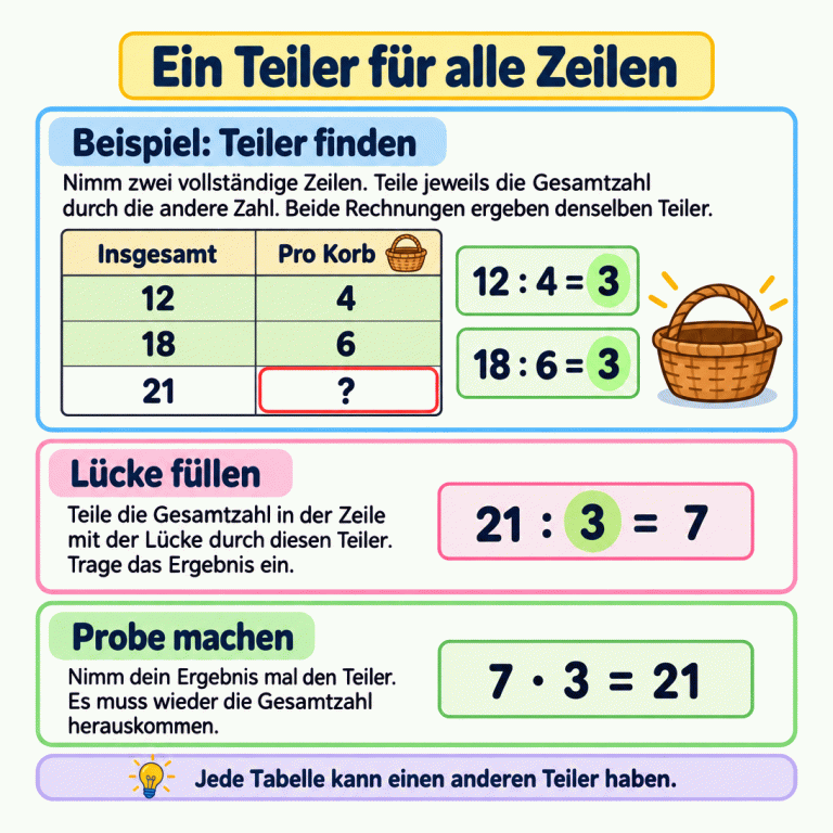 Beispiel zum Ergänzen einer Divisionstabelle: Insgesamt 12, pro Korb 4; insgesamt 18, pro Korb 6; insgesamt 21, pro Korb eine Lücke. 12 geteilt durch 4 und 18 geteilt durch 6 ergeben beide den Teiler 3. Die fehlende Zahl ist 21 geteilt durch 3, also 7. Die Probe lautet 7 mal 3 gleich 21. Jede neue Tabelle kann einen anderen Teiler haben. Ein Teiler für alle Zeilen Beispiel: Teiler finden: Nimm zwei vollständige Zeilen. Teile jeweils die Gesamtzahl durch die andere Zahl. Beide Rechnungen ergeben denselben Teiler. Lücke füllen: Teile die Gesamtzahl in der Zeile mit der Lücke durch diesen Teiler. Trage das Ergebnis ein. Probe machen: Nimm dein Ergebnis mal den Teiler. Es muss wieder die Gesamtzahl herauskommen. Jede Tabelle kann einen anderen Teiler haben. Insgesamt Pro Korb 12 4 18 6 21 ? 12 : 4 = 3 18 : 6 = 3 21 : 3 = 7 7 · 3 = 21