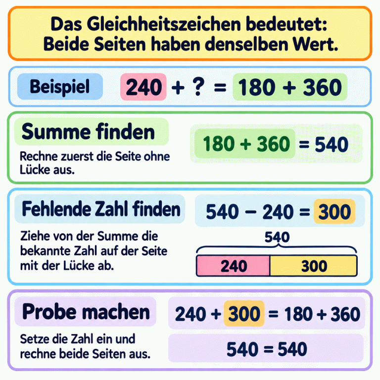 Ein Lehrbeispiel erklärt, dass beide Seiten einer Gleichung denselben Wert haben müssen. Die Aufgabe lautet: 240 plus eine fehlende Zahl ist gleich 180 plus 360. Zuerst ergibt die vollständige Seite 540. Dann wird 240 von 540 abgezogen; die fehlende Zahl ist in diesem Beispiel 300. Ein Teil-Ganzes-Balken zeigt 540 als Ganzes aus 240 und 300. Nach dem Einsetzen ergeben beide Additionen 540. Summe finden: Rechne zuerst die Seite ohne Lücke aus. Fehlende Zahl finden: Ziehe von der Summe die bekannte Zahl auf der Seite mit der Lücke ab. Probe machen: Setze die Zahl ein und rechne beide Seiten aus. Das Gleichheitszeichen bedeutet: Beide Seiten haben denselben Wert. Beispiel 240 + ? = 180 + 360 180 + 360 = 540 540 − 240 = 300 540 240 300 240 + 300 = 180 + 360 540 = 540