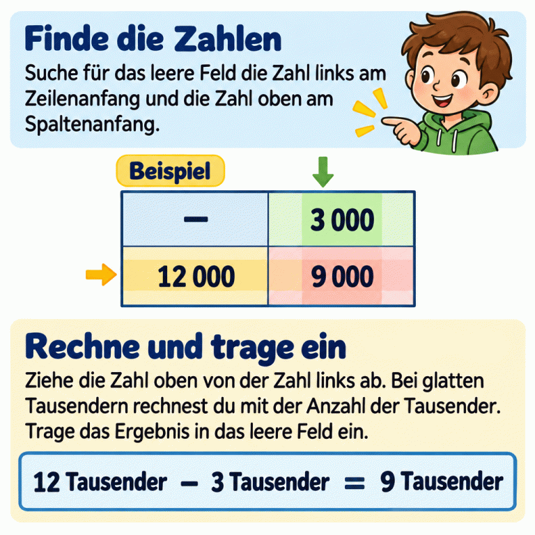 Ein Beispiel zeigt eine Subtraktionstabelle: Links am Zeilenanfang steht 12 000, oben am Spaltenanfang 3 000. Im gemeinsamen Ergebnisfeld steht 9 000. Die Rechnung dazu lautet: 12 Tausender minus 3 Tausender gleich 9 Tausender. Für ein leeres Feld suchst du die beiden passenden Randzahlen, ziehst die obere Zahl von der linken Zahl ab und trägst das Ergebnis ein. Finde die Zahlen: Suche für das leere Feld die Zahl links am Zeilenanfang und die Zahl oben am Spaltenanfang. Rechne und trage ein: Ziehe die Zahl oben von der Zahl links ab. Bei glatten Tausendern rechnest du mit der Anzahl der Tausender. Trage das Ergebnis in das leere Feld ein. Beispiel − 3 000 12 000 9 000 12 Tausender 3 Tausender = 9 Tausender
