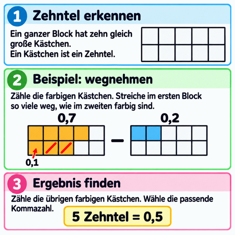 Ein ganzer Block hat zehn gleich große Kästchen. Jedes Kästchen steht für ein Zehntel, also 0,1. Zwei Blöcke zeigen das Beispiel 0,7 minus 0,2. Im ersten sind sieben Kästchen farbig, zwei davon durchgestrichen. Im zweiten sind zwei Kästchen farbig. Fünf farbige Kästchen bleiben übrig: fünf Zehntel sind 0,5. Zehntel erkennen: Ein ganzer Block hat zehn gleich große Kästchen. Ein Kästchen ist ein Zehntel. Beispiel: wegnehmen: Zähle die farbigen Kästchen. Streiche im ersten Block so viele weg, wie im zweiten farbig sind. Ergebnis finden: Zähle die übrigen farbigen Kästchen. Wähle die passende Kommazahl. 0,1 0,7 − 0,2 5 Zehntel = 0,5 1 2 3