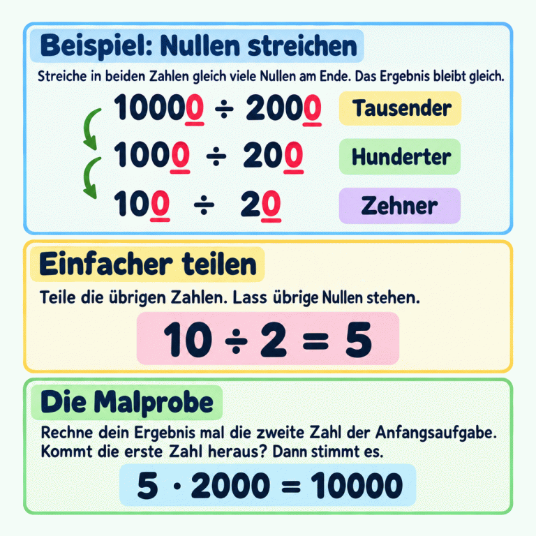 Ein Lehrbeispiel wird schrittweise vereinfacht: 10000 geteilt durch 2000, dann 1000 geteilt durch 200, dann 100 geteilt durch 20 und schließlich 10 geteilt durch 2 gleich 5. In jedem Schritt entfällt eine Endnull in beiden Zahlen. Die Null in 10 bleibt stehen. Die Malprobe 5 mal 2000 ergibt wieder 10000. Beispiel: Nullen streichen: Streiche in beiden Zahlen gleich viele Nullen am Ende. Das Ergebnis bleibt gleich. Einfacher teilen: Teile die übrigen Zahlen. Lass übrige Nullen stehen. Die Malprobe: Rechne dein Ergebnis mal die zweite Zahl der Anfangsaufgabe. Kommt die erste Zahl heraus? Dann stimmt es. 10000 ÷ 2000 Tausender 1000 ÷ 200 Hunderter 100 ÷ 20 Zehner 10 ÷ 2 = 5 5 · 2000 = 10000