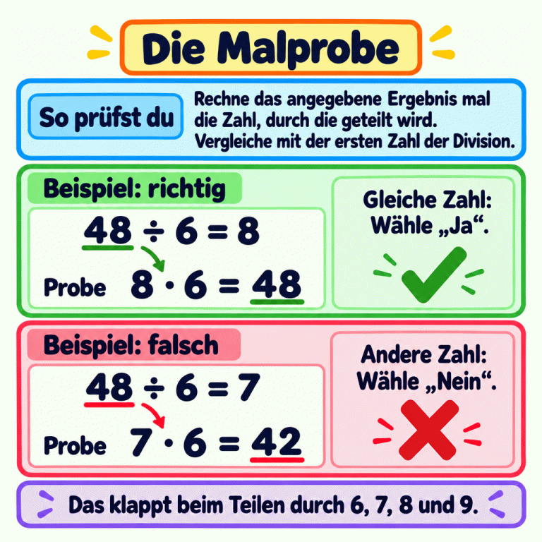 Mit der Malprobe prüfst du Divisionen durch 6, 7, 8 und 9. Rechne das angegebene Ergebnis mal die Zahl, durch die geteilt wird, und vergleiche mit der ersten Zahl der Division. Richtiges Beispiel: 48 geteilt durch 6 ergibt 8. Die Probe 8 mal 6 ergibt 48: gleiche Zahl, also Ja. Falsches Beispiel: Bei 48 geteilt durch 6 wird 7 als Ergebnis angegeben. Die Probe 7 mal 6 ergibt 42 statt 48: andere Zahl, also Nein. Die Malprobe So prüfst du: Rechne das angegebene Ergebnis mal die Zahl, durch die geteilt wird. Vergleiche mit der ersten Zahl der Division. Beispiel: richtig: Gleiche Zahl: Wähle „Ja“. Beispiel: falsch: Andere Zahl: Wähle „Nein“. Das klappt beim Teilen durch 6, 7, 8 und 9. 48 ÷ 6 = 8 8 · 6 = 48 48 ÷ 6 = 7 7 · 6 = 42 Probe ✓ ✕