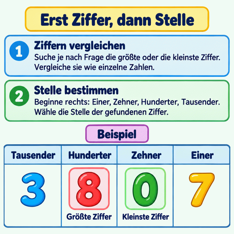 Suche je nach Frage die größte oder kleinste Ziffer und vergleiche die Ziffern wie einzelne Zahlen. Bestimme danach ihre Stelle von rechts: Einer, Zehner, Hunderter, Tausender. Im Beispiel stehen von links nach rechts 3, 8, 0 und 7. Die 8 ist die größte Ziffer und steht bei den Hundertern. Die 0 ist die kleinste Ziffer und steht bei den Zehnern. Erst Ziffer, dann Stelle Ziffern vergleichen: Suche je nach Frage die größte oder die kleinste Ziffer. Vergleiche sie wie einzelne Zahlen. Stelle bestimmen: Beginne rechts: Einer, Zehner, Hunderter, Tausender. Wähle die Stelle der gefundenen Ziffer. Beispiel Tausender Hunderter Zehner Einer 3 8 7 Größte Ziffer Kleinste Ziffer 1 2