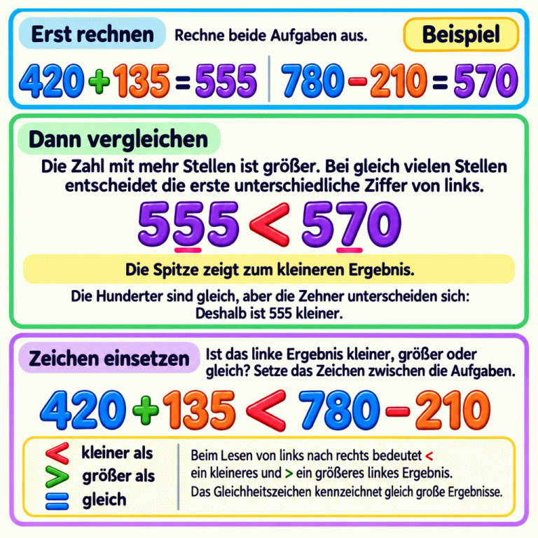 Die Karte zeigt drei Schritte an einem Beispiel: 420 plus 135 ergibt 555, 780 minus 210 ergibt 570. Zahlen mit mehr Stellen sind größer; bei gleich vielen Stellen entscheidet die erste unterschiedliche Ziffer von links. Hier sind die Hunderter gleich, aber die Zehner unterscheiden sich: 555 ist kleiner als 570. Deshalb steht das Kleiner-als-Zeichen zwischen den ursprünglichen Aufgaben. Eine Zeichenübersicht erklärt kleiner als, größer als und gleich. Bei den Ungleichheitszeichen zeigt die Spitze zum kleineren Ergebnis. Erst rechnen: Rechne beide Aufgaben aus. Dann vergleichen: Die Zahl mit mehr Stellen ist größer. Bei gleich vielen Stellen entscheidet die erste unterschiedliche Ziffer von links. Zeichen einsetzen: Ist das linke Ergebnis kleiner, größer oder gleich? Setze das Zeichen zwischen die Aufgaben. Die Spitze zeigt zum kleineren Ergebnis. Beispiel 420 + 135 = 555 780 − 210 = 570 555 < 570 420 + 135 < 780 − 210 < kleiner als > größer als = gleich Die Hunderter sind gleich, aber die Zehner unterscheiden sich: Deshalb ist 555 kleiner. Beim Lesen von links nach rechts bedeutet < ein kleineres und > ein größeres linkes Ergebnis. Das Gleichheitszeichen kennzeichnet gleich große Ergebnisse.