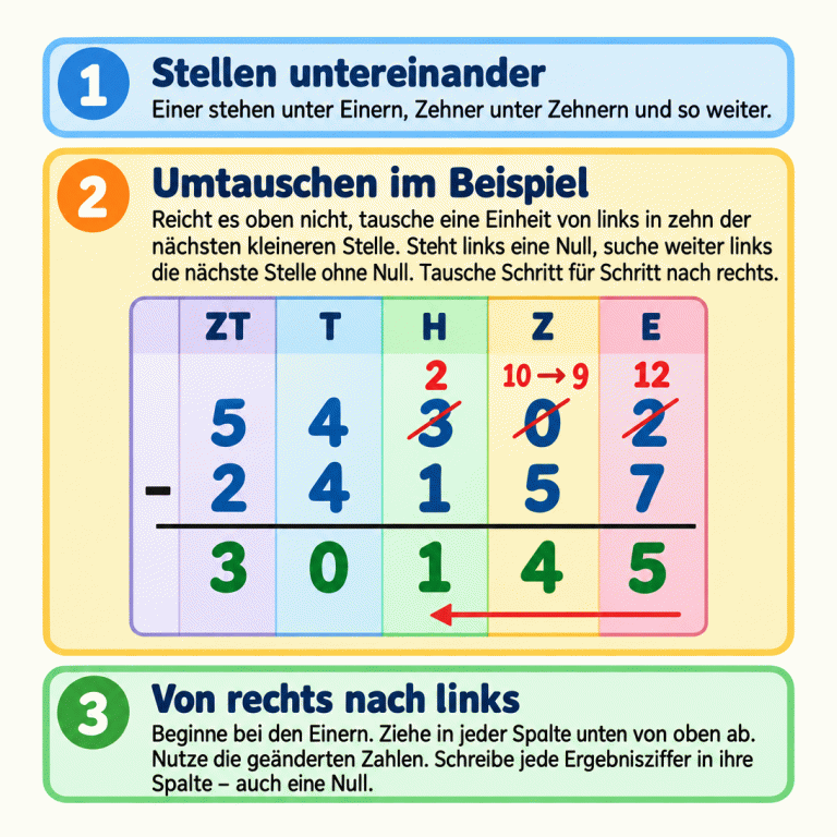 Ein schriftliches Lehrbeispiel zeigt 54 302 minus 24 157 mit dem Ergebnis 30 145. Gleiche Stellenwerte stehen untereinander. Beim Umtauschen bleiben oben zwei Hunderter, neun Zehner und zwölf Einer. Gerechnet wird von den Einern nach links. Die Null im Ergebnis bleibt in der Tausenderspalte. Stellen untereinander: Einer stehen unter Einern, Zehner unter Zehnern und so weiter. Umtauschen im Beispiel: Reicht es oben nicht, tausche eine Einheit von links in zehn der nächsten kleineren Stelle. Steht links eine Null, suche weiter links die nächste Stelle ohne Null. Tausche Schritt für Schritt nach rechts. Von rechts nach links: Beginne bei den Einern. Ziehe in jeder Spalte unten von oben ab. Nutze die geänderten Zahlen. Schreibe jede Ergebnisziffer in ihre Spalte – auch eine Null. ZT T H Z E 54 302 24 157 − 2 10 → 9 12 30 145 1 2 3