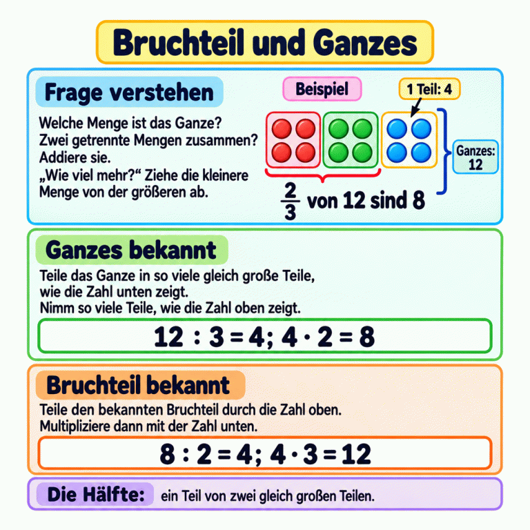 Beispiel: Zwölf Plättchen bilden drei Gruppen mit je vier. Zwei Drittel davon sind acht. Ganzes bekannt: zwölf durch drei, dann vier mal zwei. Bruchteil bekannt: acht durch zwei, dann vier mal drei. Prüfe, welche Menge als Ganzes gemeint ist. Getrennte Mengen zusammen werden addiert; bei „wie viel mehr?“ wird die kleinere Menge von der größeren abgezogen. Die Hälfte ist ein Teil von zwei gleich großen Teilen. Bruchteil und Ganzes Frage verstehen: Welche Menge ist das Ganze? Zwei getrennte Mengen zusammen? Addiere sie. „Wie viel mehr?“ Ziehe die kleinere Menge von der größeren ab. Ganzes bekannt: Teile das Ganze in so viele gleich große Teile, wie die Zahl unten zeigt. Nimm so viele Teile, wie die Zahl oben zeigt. Bruchteil bekannt: Teile den bekannten Bruchteil durch die Zahl oben. Multipliziere dann mit der Zahl unten. Die Hälfte: ein Teil von zwei gleich großen Teilen. Beispiel 2/3 von 12 sind 8 1 Teil: 4 Ganzes: 12 12 : 3 = 4; 4 · 2 = 8 8 : 2 = 4; 4 · 3 = 12