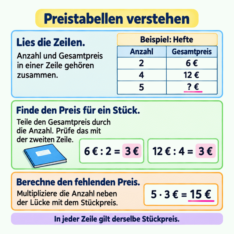Eine Beispieltabelle für Hefte zeigt: 2 Hefte kosten 6 Euro, 4 Hefte kosten 12 Euro, für 5 Hefte fehlt der Gesamtpreis. Die Rechnungen 6 geteilt durch 2 und 12 geteilt durch 4 ergeben jeweils 3 Euro für ein Heft. Deshalb kosten 5 Hefte 5 mal 3 Euro, also 15 Euro. Die Anleitung erklärt, wie man Tabellenzeilen liest, den Stückpreis bestimmt und prüft und den fehlenden Gesamtpreis berechnet. Preistabellen verstehen Lies die Zeilen.: Anzahl und Gesamtpreis in einer Zeile gehören zusammen. Finde den Preis für ein Stück.: Teile den Gesamtpreis durch die Anzahl. Prüfe das mit der zweiten Zeile. Berechne den fehlenden Preis.: Multipliziere die Anzahl neben der Lücke mit dem Stückpreis. In jeder Zeile gilt derselbe Stückpreis. Beispiel: Hefte Anzahl Gesamtpreis 2 6 € 4 12 € 5 ? € 6 € : 2 = 3 € 12 € : 4 = 3 € 5 · 3 € = 15 €