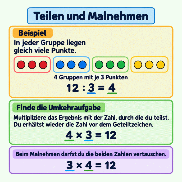 Beispiel: Zwölf Punkte liegen in vier Gruppen mit je drei Punkten. Dazu steht 12 : 3 = 4. Die Umkehraufgabe lautet 4 × 3 = 12. Auch 3 × 4 = 12 stimmt. Multipliziere das Divisionsergebnis mit der Zahl, durch die du teilst. So erhältst du wieder die Zahl vor dem Geteiltzeichen. Teilen und Malnehmen Beispiel: In jeder Gruppe liegen gleich viele Punkte. Finde die Umkehraufgabe: Multipliziere das Ergebnis mit der Zahl, durch die du teilst. Du erhältst wieder die Zahl vor dem Geteiltzeichen. Beim Malnehmen darfst du die beiden Zahlen vertauschen. 4 Gruppen mit je 3 Punkten 12 : 3 = 4 4 × 3 = 12 3 × 4 = 12