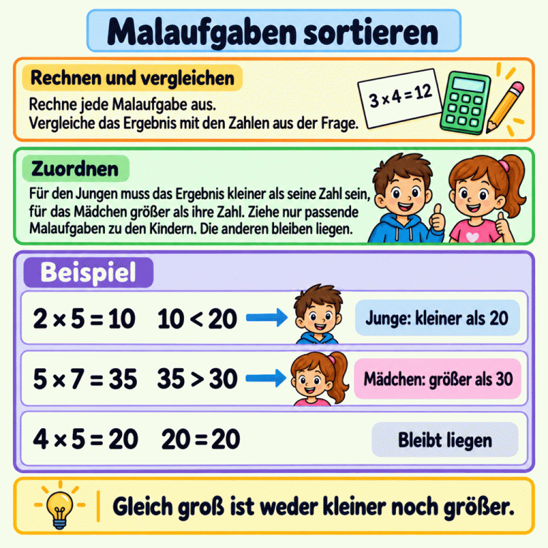 Malaufgaben werden zuerst ausgerechnet und ihre Ergebnisse mit den Zahlen aus der Frage verglichen. Im Lehrbeispiel bekommt der Junge Aufgaben mit Ergebnissen kleiner als 20, das Mädchen Aufgaben mit Ergebnissen größer als 30. Zweimal fünf ergibt 10 und passt zum Jungen. Fünfmal sieben ergibt 35 und passt zum Mädchen. Viermal fünf ergibt 20 und bleibt liegen: 20 ist gleich 20 und nicht größer als 30. Gleich groß ist weder kleiner noch größer. Malaufgaben sortieren Rechnen und vergleichen: Rechne jede Malaufgabe aus. Vergleiche das Ergebnis mit den Zahlen aus der Frage. Zuordnen: Für den Jungen muss das Ergebnis kleiner als seine Zahl sein, für das Mädchen größer als ihre Zahl. Ziehe nur passende Malaufgaben zu den Kindern. Die anderen bleiben liegen. Gleich groß ist weder kleiner noch größer. Beispiel 2 × 5 = 10 10 < 20 Junge: kleiner als 20 5 × 7 = 35 35 > 30 Mädchen: größer als 30 4 × 5 = 20 20 = 20 Bleibt liegen 3 × 4 = 12