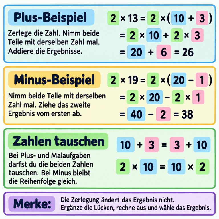 Zwei Lehrbeispiele zeigen das Zerlegen und Malnehmen. Plus-Beispiel: 2 × 13 = 2 × (10 + 3) = 2 × 10 + 2 × 3 = 20 + 6 = 26. Minus-Beispiel: 2 × 19 = 2 × (20 − 1) = 2 × 20 − 2 × 1 = 40 − 2 = 38. Beide Teile werden mit derselben Zahl multipliziert. Bei Plus und Mal dürfen die beiden Zahlen getauscht werden, bei Minus nicht. Die Zerlegung ändert das Ergebnis nicht. Plus-Beispiel: Zerlege die Zahl. Nimm beide Teile mit derselben Zahl mal. Addiere die Ergebnisse. Minus-Beispiel: Nimm beide Teile mit derselben Zahl mal. Ziehe das zweite Ergebnis vom ersten ab. Zahlen tauschen: Bei Plus- und Malaufgaben darfst du die beiden Zahlen tauschen. Bei Minus bleibt die Reihenfolge gleich. Die Zerlegung ändert das Ergebnis nicht. Ergänze die Lücken, rechne aus und wähle das Ergebnis. 2 × 13 = 2 × (10 + 3) = 2 × 10 + 2 × 3 = 20 + 6 = 26 2 × 19 = 2 × (20 − 1) = 2 × 20 − 2 × 1 = 40 − 2 = 38 10 + 3 = 3 + 10 2 × 10 = 10 × 2 Merke: