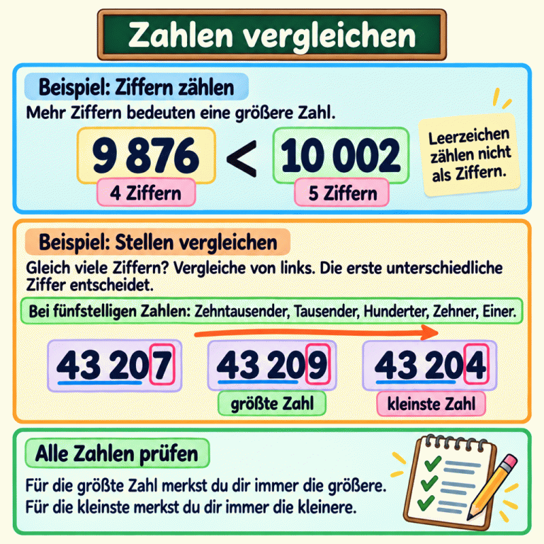 Zwei Lehrbeispiele zum Zahlenvergleich. 9 876 hat vier Ziffern und ist kleiner als die fünfstellige Zahl 10 002. Bei gleich vielen Ziffern wird von links verglichen; die erste unterschiedliche Ziffer entscheidet. Bei fünfstelligen Zahlen lautet die Stellenfolge Zehntausender, Tausender, Hunderter, Zehner, Einer. In der Gruppe 43 207, 43 209 und 43 204 stimmen die ersten vier Ziffern überein. Die Einer entscheiden: 43 209 ist die größte, 43 204 die kleinste Zahl. Die Anleitung erklärt, alle Zahlen zu prüfen und dabei den jeweils größeren oder kleineren Wert zu merken. Zahlen vergleichen Beispiel: Ziffern zählen: Mehr Ziffern bedeuten eine größere Zahl. Beispiel: Stellen vergleichen: Gleich viele Ziffern? Vergleiche von links. Die erste unterschiedliche Ziffer entscheidet. Alle Zahlen prüfen: Für die größte Zahl merkst du dir immer die größere. Für die kleinste merkst du dir immer die kleinere. Bei fünfstelligen Zahlen: Zehntausender, Tausender, Hunderter, Zehner, Einer. 9 876 < 10 002 4 Ziffern 5 Ziffern 43 207 43 209 43 204 größte Zahl kleinste Zahl Leerzeichen zählen nicht als Ziffern.