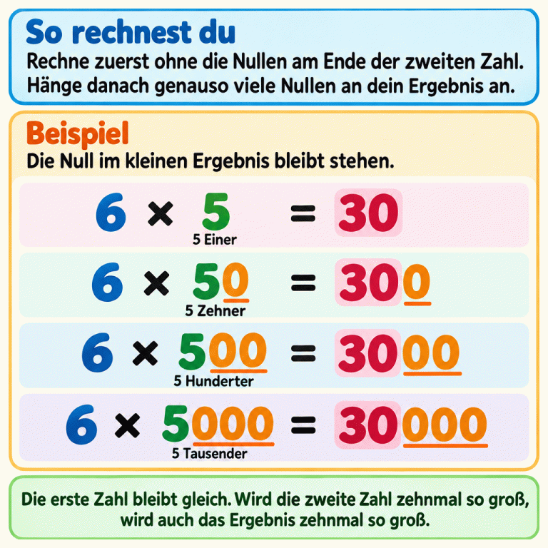 Beispielreihe: 6 × 5 = 30, 6 × 50 = 300, 6 × 500 = 3000 und 6 × 5000 = 30000. Die zweite Zahl steht für 5 Einer, 5 Zehner, 5 Hunderter oder 5 Tausender. Die ganze Zahl 30 bleibt erhalten; eine, zwei oder drei Nullen werden zusätzlich angehängt. Bei gleichbleibender erster Zahl werden die zweite Zahl und das Ergebnis jeweils zehnmal so groß. So rechnest du: Rechne zuerst ohne die Nullen am Ende der zweiten Zahl. Hänge danach genauso viele Nullen an dein Ergebnis an. Beispiel: Die Null im kleinen Ergebnis bleibt stehen. Die erste Zahl bleibt gleich. Wird die zweite Zahl zehnmal so groß, wird auch das Ergebnis zehnmal so groß. 6 × 5 = 30 5 Einer 6 × 50 = 300 5 Zehner 6 × 500 = 3000 5 Hunderter 6 × 5000 = 30000 5 Tausender