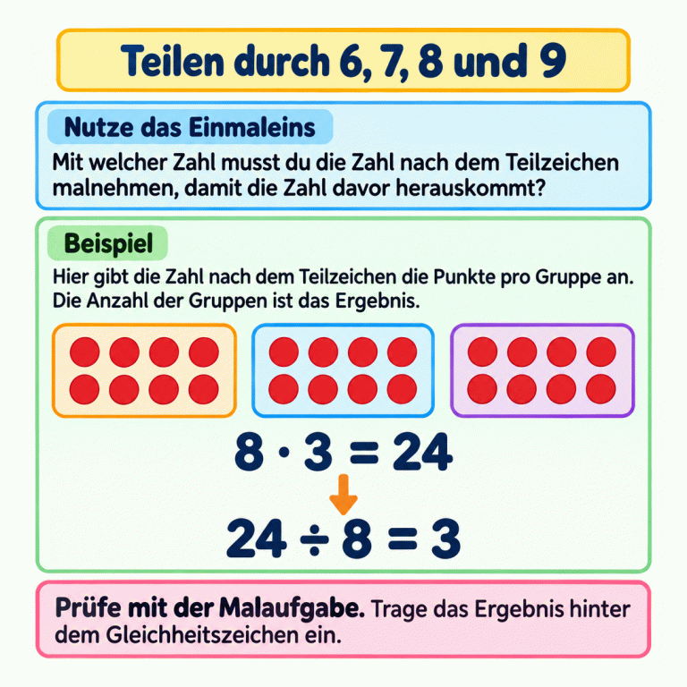 Beim Teilen durch 6, 7, 8 und 9 hilft die passende Malaufgabe. Das Beispiel zeigt 24 Punkte in drei getrennten Gruppen mit je acht Punkten. 8 mal 3 ergibt 24, daher ist 24 geteilt durch 8 gleich 3. Die Anzahl der Gruppen ist das Ergebnis. Mit der Malaufgabe prüfen und das Ergebnis hinter dem Gleichheitszeichen eintragen. Teilen durch 6, 7, 8 und 9 Nutze das Einmaleins: Mit welcher Zahl musst du die Zahl nach dem Teilzeichen malnehmen, damit die Zahl davor herauskommt? Beispiel: Hier gibt die Zahl nach dem Teilzeichen die Punkte pro Gruppe an. Die Anzahl der Gruppen ist das Ergebnis. Prüfe mit der Malaufgabe. Trage das Ergebnis hinter dem Gleichheitszeichen ein. 8 · 3 = 24 24 ÷ 8 = 3