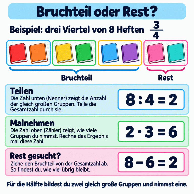 Beispiel: drei Viertel von acht Heften. Vier Gruppen enthalten jeweils zwei Hefte. Drei Gruppen mit zusammen sechs Heften bilden den Bruchteil; die verbleibende Gruppe mit zwei Heften ist der Rest. Der Rechenweg lautet: acht geteilt durch vier gleich zwei, zwei mal drei gleich sechs. Nur für eine Restfrage folgt: acht minus sechs gleich zwei. Für die Hälfte bildet man zwei gleich große Gruppen und nimmt eine. Bruchteil oder Rest? Teilen: Die Zahl unten (Nenner) zeigt die Anzahl der gleich großen Gruppen. Teile die Gesamtzahl durch sie. Malnehmen: Die Zahl oben (Zähler) zeigt, wie viele Gruppen du nimmst. Rechne das Ergebnis mal diese Zahl. Rest gesucht?: Ziehe den Bruchteil von der Gesamtzahl ab. So findest du, wie viel übrig bleibt. Für die Hälfte bildest du zwei gleich große Gruppen und nimmst eine. Beispiel: drei Viertel von 8 Heften 3 4 Bruchteil Rest 8 : 4 = 2 2 · 3 = 6 8 − 6 = 2