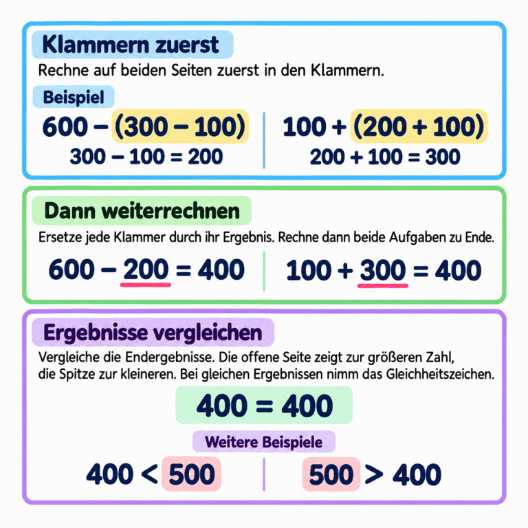Drei Schritte erklären das Vergleichen von Klammeraufgaben: zuerst die Klammern ausrechnen, ihre Ergebnisse einsetzen und beide Aufgaben beenden, dann die Endergebnisse vergleichen. Das gemeinsame Rechenbeispiel ergibt zwei gleiche Werte. Zwei weitere Beispiele zeigen die Ungleichheitszeichen: Die offene Seite steht bei der größeren Zahl, die Spitze bei der kleineren. Klammern zuerst: Rechne auf beiden Seiten zuerst in den Klammern. Dann weiterrechnen: Ersetze jede Klammer durch ihr Ergebnis. Rechne dann beide Aufgaben zu Ende. Ergebnisse vergleichen: Vergleiche die Endergebnisse. Die offene Seite zeigt zur größeren Zahl, die Spitze zur kleineren. Bei gleichen Ergebnissen nimm das Gleichheitszeichen. Beispiel 600 − (300 − 100) 100 + (200 + 100) 300 − 100 = 200 200 + 100 = 300 600 − 200 = 400 100 + 300 = 400 400 = 400 Weitere Beispiele 400 < 500 500 > 400
