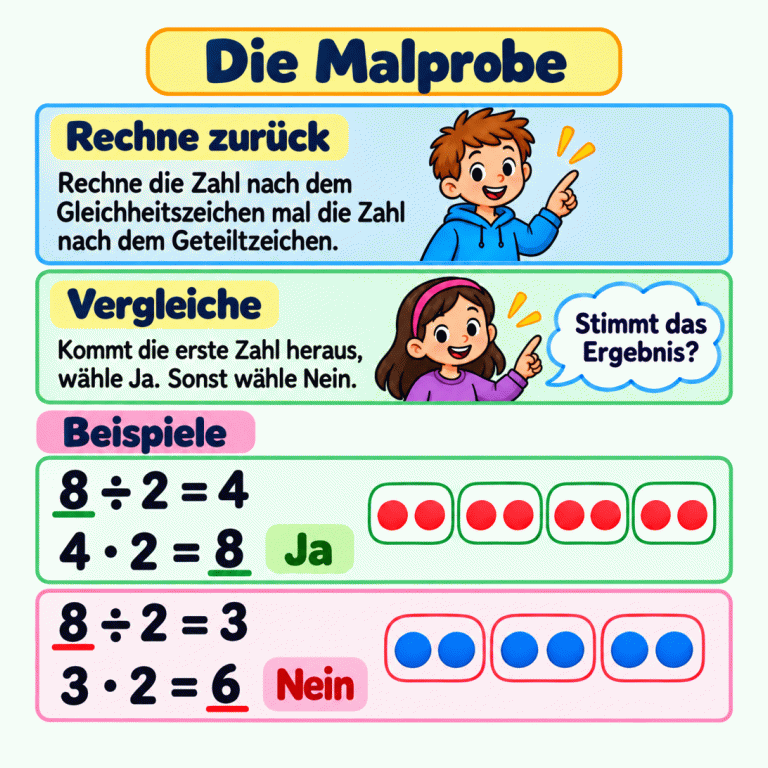 Die Malprobe: Rechne das vorgeschlagene Ergebnis mal die Zahl, durch die geteilt wird, und vergleiche mit der ersten Zahl. Zwei Lehrbeispiele: Bei 8 geteilt durch 2 gleich 4 ergibt 4 mal 2 wieder 8. Vier Zweiergruppen zeigen acht Punkte. Das Urteil lautet Ja. Bei 8 geteilt durch 2 gleich 3 ergibt 3 mal 2 nur 6. Drei Zweiergruppen zeigen sechs Punkte. Sechs ist nicht acht, deshalb lautet das Urteil Nein. Die Malprobe Rechne zurück: Rechne die Zahl nach dem Gleichheitszeichen mal die Zahl nach dem Geteiltzeichen. Vergleiche: Kommt die erste Zahl heraus, wähle Ja. Sonst wähle Nein. Beispiele 8 ÷ 2 = 4 4 · 2 = 8 Ja 8 ÷ 2 = 3 3 · 2 = 6 Nein Stimmt das Ergebnis?