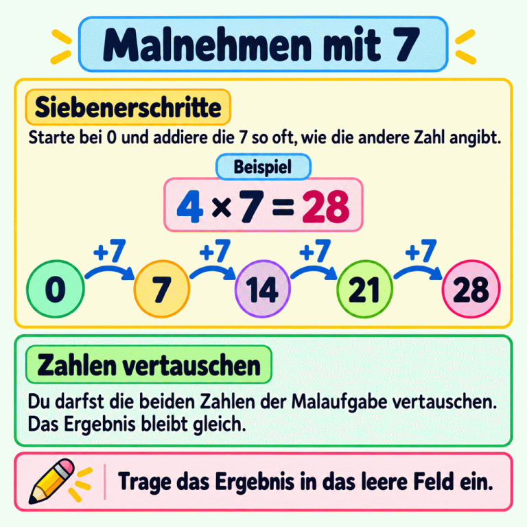 Lernkarte zum Malnehmen mit 7. Im Beispiel 4 × 7 = 28 wird viermal 7 addiert: Die Zahlenfolge beginnt bei 0 und führt über 7, 14 und 21 zu 28. Jeder Übergang ist mit +7 beschriftet. Die beiden Zahlen der Malaufgabe dürfen vertauscht werden; das Ergebnis bleibt gleich. Das Ergebnis wird in das leere Feld eingetragen. Malnehmen mit 7 Siebenerschritte: Starte bei 0 und addiere die 7 so oft, wie die andere Zahl angibt. Zahlen vertauschen: Du darfst die beiden Zahlen der Malaufgabe vertauschen. Das Ergebnis bleibt gleich. Trage das Ergebnis in das leere Feld ein. Beispiel 4 × 7 = 28 7 14 21 28 +7