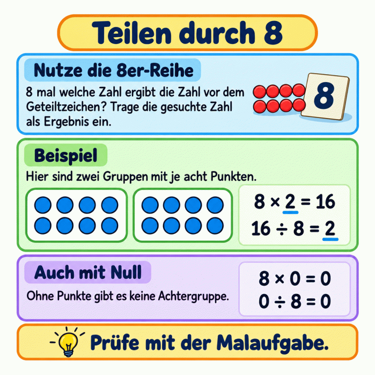 Beim Teilen durch acht hilft die passende Malaufgabe aus der Achterreihe. Im Lehrbeispiel sind sechzehn Punkte in zwei Gruppen mit je acht Punkten dargestellt. Acht mal zwei ergibt sechzehn, deshalb ergibt sechzehn geteilt durch acht zwei. Ohne Punkte gibt es keine Achtergruppe: Acht mal null und null geteilt durch acht ergeben beide null. Die Malaufgabe dient zur Probe. Teilen durch 8 Nutze die 8er-Reihe: 8 mal welche Zahl ergibt die Zahl vor dem Geteiltzeichen? Trage die gesuchte Zahl als Ergebnis ein. Beispiel: Hier sind zwei Gruppen mit je acht Punkten. Auch mit Null: Ohne Punkte gibt es keine Achtergruppe. Prüfe mit der Malaufgabe. 8 × 2 = 16 16 ÷ 8 = 2 8 × 0 = 0 0 ÷ 8 = 0 8