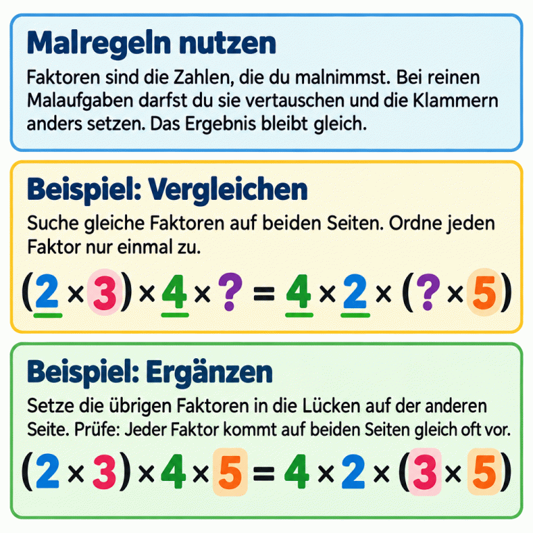 Drei Abschnitte erklären das Vergleichen von Malaufgaben. Faktoren dürfen vertauscht und anders geklammert werden, ohne das Ergebnis zu verändern. Im Beispiel (2 × 3) × 4 × ? = 4 × 2 × (? × 5) werden zuerst 2 und 4 auf beiden Seiten zugeordnet. 5 fehlt links, 3 fehlt rechts. Die ausgefüllte Formel lautet (2 × 3) × 4 × 5 = 4 × 2 × (3 × 5). Jeder Faktor kommt auf beiden Seiten genau einmal vor; die Ergebnisse sind gleich. Malregeln nutzen: Faktoren sind die Zahlen, die du malnimmst. Bei reinen Malaufgaben darfst du sie vertauschen und die Klammern anders setzen. Das Ergebnis bleibt gleich. Beispiel: Vergleichen: Suche gleiche Faktoren auf beiden Seiten. Ordne jeden Faktor nur einmal zu. Beispiel: Ergänzen: Setze die übrigen Faktoren in die Lücken auf der anderen Seite. Prüfe: Jeder Faktor kommt auf beiden Seiten gleich oft vor. (2 × 3) × 4 × ? = 4 × 2 × (? × 5) (2 × 3) × 4 × 5 = 4 × 2 × (3 × 5)