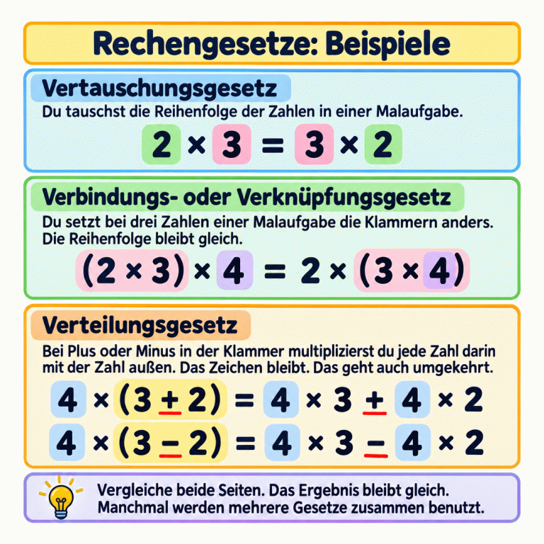 Drei Rechengesetze werden mit großen Beispielgleichungen erklärt. Beim Vertauschungsgesetz wechseln die Faktoren ihre Reihenfolge. Beim Verbindungs- oder Verknüpfungsgesetz ändern sich die Klammergruppen, nicht die Reihenfolge der drei Zahlen. Zwei Beispiele zum Verteilungsgesetz zeigen, wie die Zahl außen mit jeder Zahl in einer Plus- oder Minusaufgabe in der Klammer multipliziert wird. Plus oder Minus bleibt erhalten; Zusammenfassen geht auch umgekehrt. Auf beiden Seiten bleibt das Ergebnis gleich. Rechengesetze: Beispiele Vertauschungsgesetz: Du tauschst die Reihenfolge der Zahlen in einer Malaufgabe. Verbindungs- oder Verknüpfungsgesetz: Du setzt bei drei Zahlen einer Malaufgabe die Klammern anders. Die Reihenfolge bleibt gleich. Verteilungsgesetz: Bei Plus oder Minus in der Klammer multiplizierst du jede Zahl darin mit der Zahl außen. Das Zeichen bleibt. Das geht auch umgekehrt. Vergleiche beide Seiten. Das Ergebnis bleibt gleich. Manchmal werden mehrere Gesetze zusammen benutzt. 2 × 3 = 3 × 2 (2 × 3) × 4 = 2 × (3 × 4) 4 × (3 + 2) = 4 × 3 + 4 × 2 4 × (3 − 2) = 4 × 3 − 4 × 2