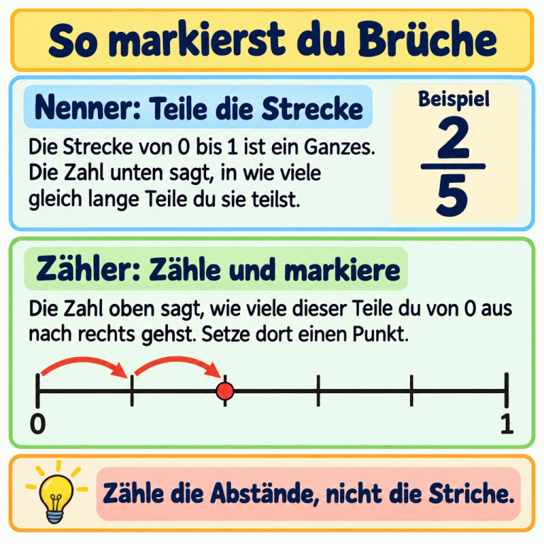 So markierst du Brüche auf der Zahlenlinie: Die Strecke von 0 bis 1 ist ein Ganzes. Der Nenner unten bestimmt die Anzahl gleich langer Teile. Der Zähler oben bestimmt, wie viele dieser Teile du von 0 aus nach rechts gehst. Das Lehrbeispiel zeigt zwei Fünftel: Die Strecke ist in fünf gleich lange Teile geteilt. Zwei Schrittbögen führen von 0 zum Punkt am Ende des zweiten Teils. Zähle die Abstände, nicht die Striche. So markierst du Brüche Nenner: Teile die Strecke: Die Strecke von 0 bis 1 ist ein Ganzes. Die Zahl unten sagt, in wie viele gleich lange Teile du sie teilst. Zähler: Zähle und markiere: Die Zahl oben sagt, wie viele dieser Teile du von 0 aus nach rechts gehst. Setze dort einen Punkt. Zähle die Abstände, nicht die Striche. Beispiel 2 5 1