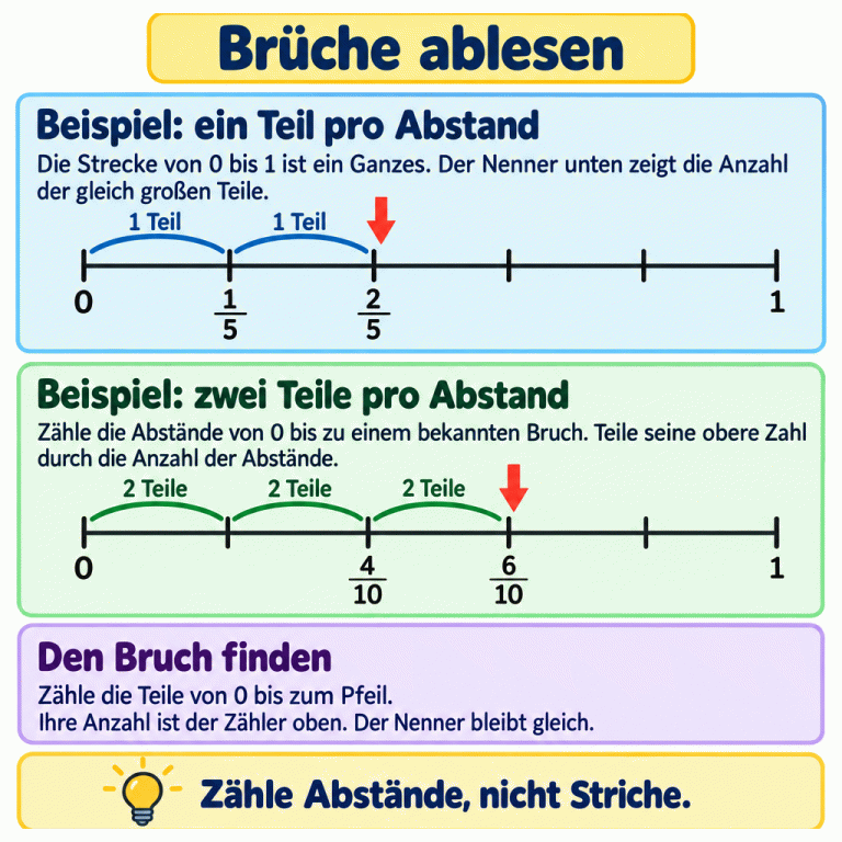 Zwei Lehrbeispiele zeigen Brüche auf Zahlenreihen von 0 bis 1. Im ersten Beispiel gibt es fünf gleichmäßige Abstände mit je einem Teil. Der Pfeil zeigt nach zwei Teilen auf 2/5. Im zweiten Beispiel umfasst jeder der fünf sichtbaren Abstände zwei Zehntelteile. Der bekannte Bruch 4/10 liegt nach zwei Abständen; der Pfeil zeigt nach drei Abständen auf 6/10. Der Nenner nennt die Teile des Ganzen, der Zähler zählt die Teile bis zum Pfeil. Brüche ablesen Beispiel: ein Teil pro Abstand: Die Strecke von 0 bis 1 ist ein Ganzes. Der Nenner unten zeigt die Anzahl der gleich großen Teile. Beispiel: zwei Teile pro Abstand: Zähle die Abstände von 0 bis zu einem bekannten Bruch. Teile seine obere Zahl durch die Anzahl der Abstände. Den Bruch finden: Zähle die Teile von 0 bis zum Pfeil. Ihre Anzahl ist der Zähler oben. Der Nenner bleibt gleich. Zähle Abstände, nicht Striche. 1 1/5 2/5 1 Teil 4/10 6/10 2 Teile