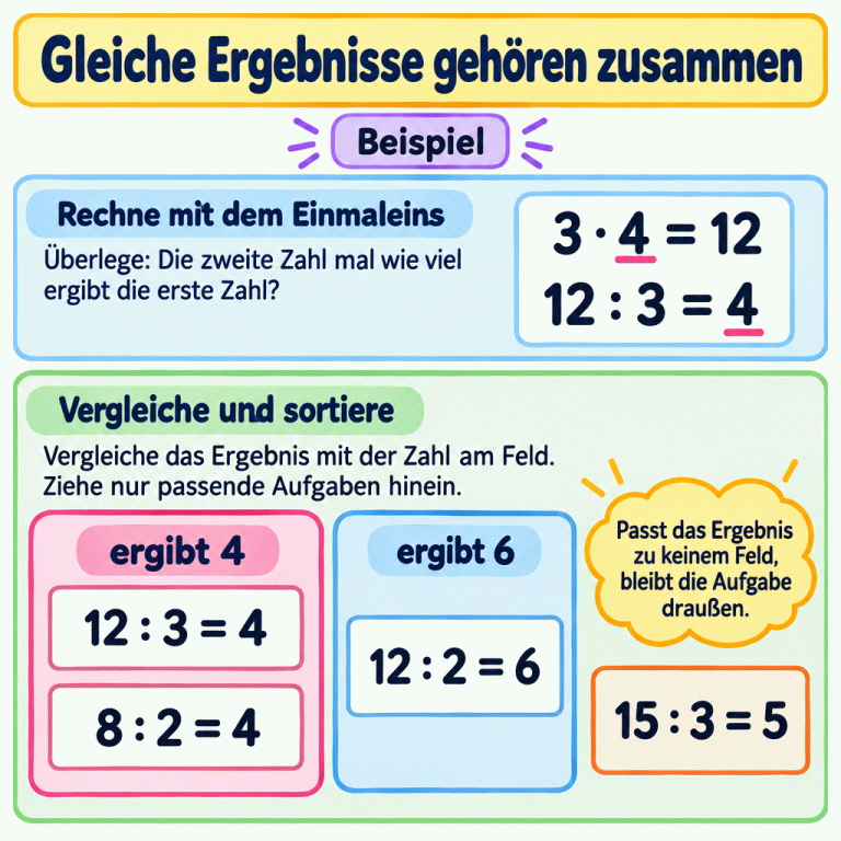 Lernkarte zum Sortieren von Divisionen nach ihrem Ergebnis. Im gekennzeichneten Beispiel hilft drei mal vier gleich zwölf beim Berechnen von zwölf geteilt durch drei gleich vier. Im Feld „ergibt 4“ liegen zwölf geteilt durch drei und acht geteilt durch zwei. Im Feld „ergibt 6“ liegt zwölf geteilt durch zwei. Fünfzehn geteilt durch drei ergibt fünf und bleibt außerhalb, weil keines der beiden Beispielfelder passt. Rechne aus, vergleiche mit der Zahl am Feld und ziehe nur passende Aufgaben hinein. Gleiche Ergebnisse gehören zusammen Rechne mit dem Einmaleins: Überlege: Die zweite Zahl mal wie viel ergibt die erste Zahl? Vergleiche und sortiere: Vergleiche das Ergebnis mit der Zahl am Feld. Ziehe nur passende Aufgaben hinein. Passt das Ergebnis zu keinem Feld, bleibt die Aufgabe draußen. Beispiel 3 · 4 = 12 12 : 3 = 4 8 : 2 = 4 12 : 2 = 6 15 : 3 = 5 ergibt 4 ergibt 6