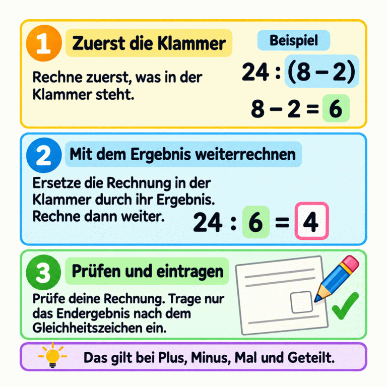 Im Beispiel wird 24 durch das Ergebnis von 8 minus 2 geteilt. Zuerst: 8 minus 2 ergibt 6. Dann ersetzt die 6 die gesamte Klammer: 24 geteilt durch 6 ergibt 4. Prüfe die Rechnung und trage nur das Endergebnis nach dem Gleichheitszeichen ein. Die Klammerregel gilt bei Plus, Minus, Mal und Geteilt. Zuerst die Klammer: Rechne zuerst, was in der Klammer steht. Mit dem Ergebnis weiterrechnen: Ersetze die Rechnung in der Klammer durch ihr Ergebnis. Rechne dann weiter. Prüfen und eintragen: Prüfe deine Rechnung. Trage nur das Endergebnis nach dem Gleichheitszeichen ein. Das gilt bei Plus, Minus, Mal und Geteilt. Beispiel 24 : (8 − 2) 8 − 2 = 6 24 : 6 = 4 1 2 3 ✓